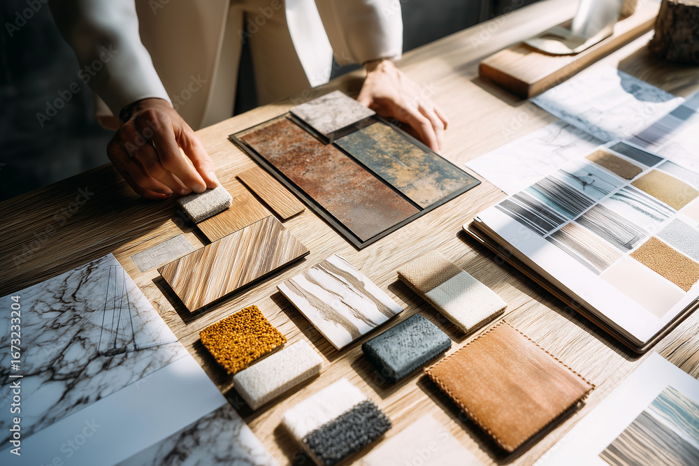 Fototapeta premium Projektant wnętrz tworzący moodboard – dobór materiałów i faktur jako wizualizacja koncepcji przestrzeni dla klienta.