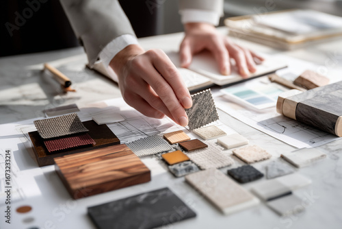 Projektant wnętrz tworzący moodboard – dobór materiałów i faktur jako wizualizacja koncepcji przestrzeni dla klienta.
