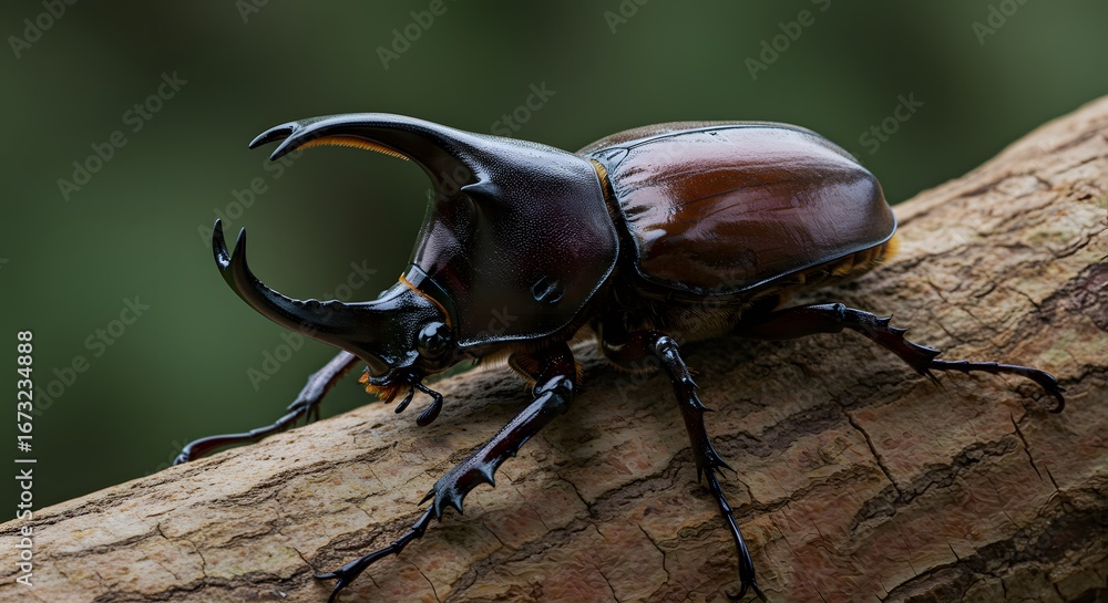 Majestic Rhinoceros Beetle: Close-Up on Textured Bark with Dark Green Backdrop Majestic Rhinoceros Beetle: Close-Up on Textured Bark with Dark Green Backdrop