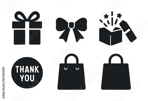 Black icons set: gift box, bow, thank you, and shopping bags design