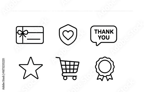 Shopping and loyalty icons: gift card, heart shield, thank you, star, cart, badge