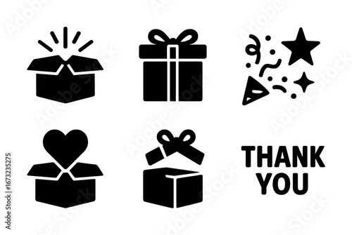 Gift boxes and icons celebrating gratitude and joy with thank you message