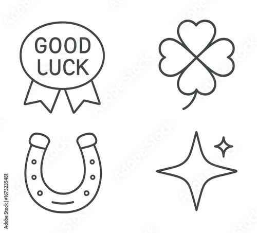 Good luck symbols: horseshoe, clover, star, ribbon icon set
