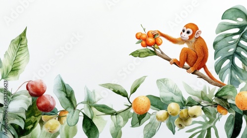 Wallpaper Mural Monkey reaching for fruit on a branch, tropical forest watercolor backdrop Torontodigital.ca