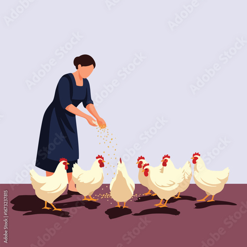Woman in Dress Feeding a Flock of White Chickens.