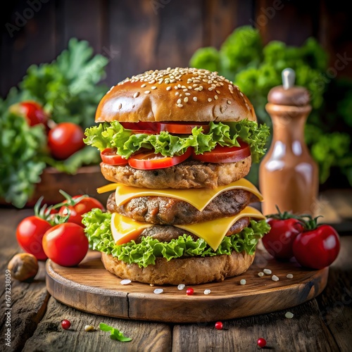 3d icon of a tall double cheeseburger with crisp lettuce, juicy tomatoes, and melted cheese, set on a wooden plate with a rustic background and scattered berries