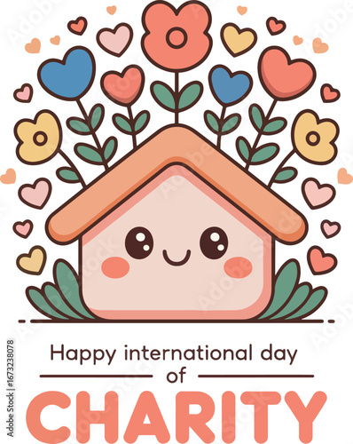International Day of Charity Cute Illustration with House Flowers and Hearts Symbolizing Giving and Kindness