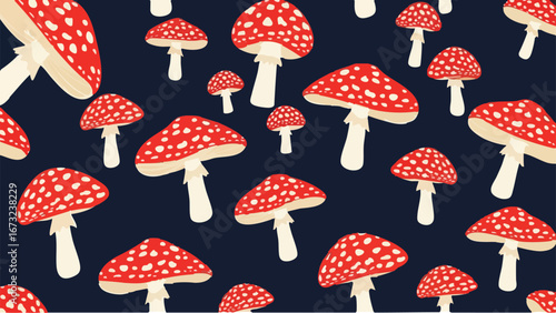Illustrated pattern of red Amanita muscaria mushrooms with white spots also known as fly agaric toadstools.