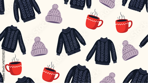 Cozy Winter Seamless Pattern: Sweaters Hats and Hot Drinks.
