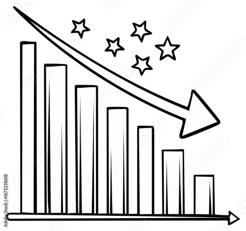 Business graph with downward arrow and stars depicting negative trends and loss