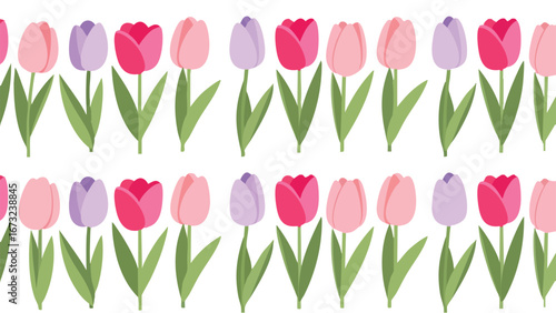 A seamless horizontal border of colorful illustrated tulips in shades of pink and purple.