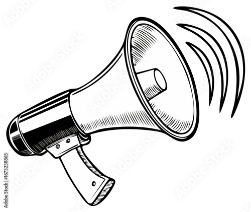 Engraved megaphone with sound waves illustration promoting announcement and communication