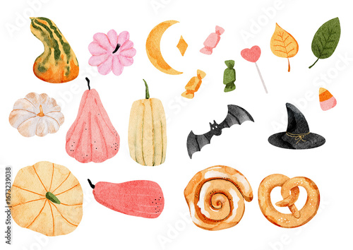 Watercolor Halloween Elements clipart with Pumpkins, Candy and Witch Hat