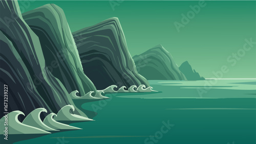 Stylized green ocean waves crashing against rocky cliffs.