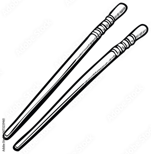 Traditional Asian Chopsticks Hand Drawn Black and White Illustration