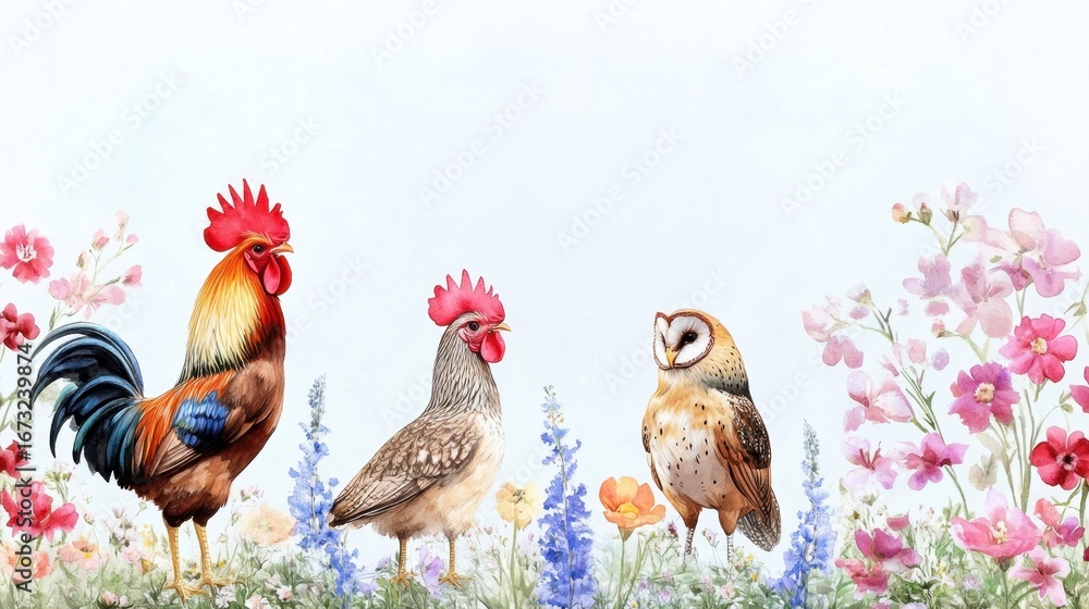 Fototapeta premium Nature-themed watercolor of farm and forest birds including rooster and owl with floral arrangements