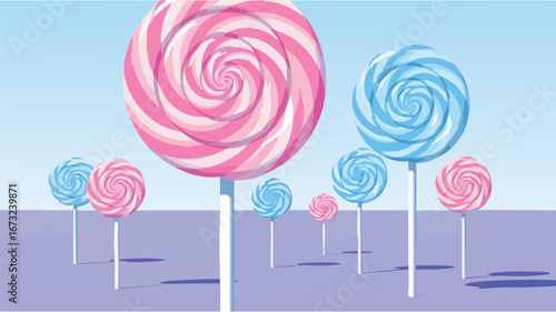 A whimsical candy land landscape filled with giant pink and blue swirl lollipops.