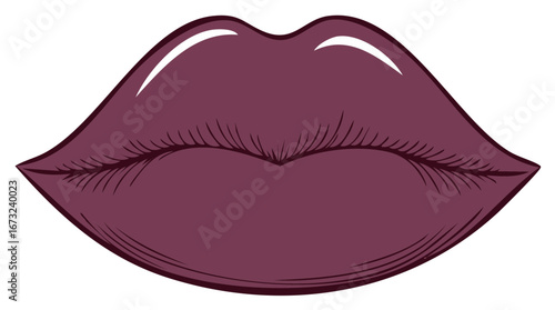 Vibrant dark purple lips with a glossy finish and subtle line details vector illustration