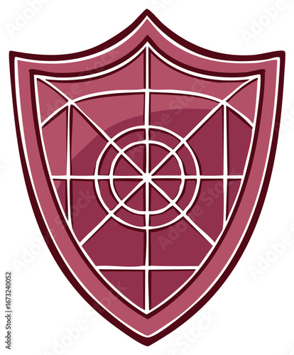 Shield illustration with internal circular design in maroon color, symbolic protection and defense concept.