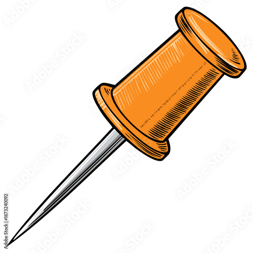 Orange Push Pin Illustration with Sharp Needle Point for Bulletin Boards and Paper Fastening