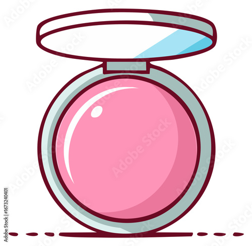 Cute cartoon illustration of an open pink blush makeup compact with a mirror