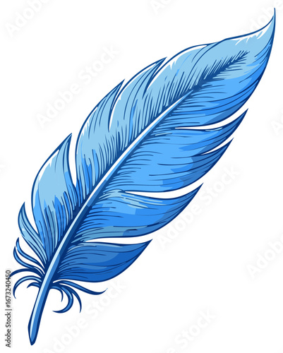 Artistic illustration of a blue feather, isolated on a blank background