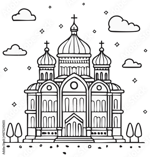 Stylized Orthodox Church with Onion Domes and Crosses Under a Cloudy Sky