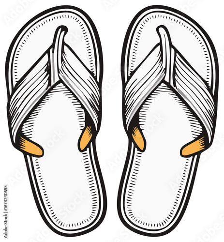 A pair of white and gray striped flip-flops with orange accents and a distinctive retro illustration style.