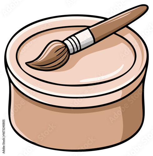 Paintbrush resting on a container of light brown paint
