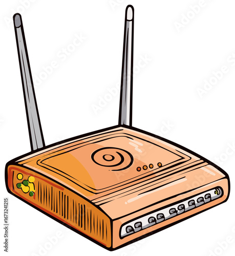 Illustration of a wireless router with antennas, network connection, and internet signal in orange