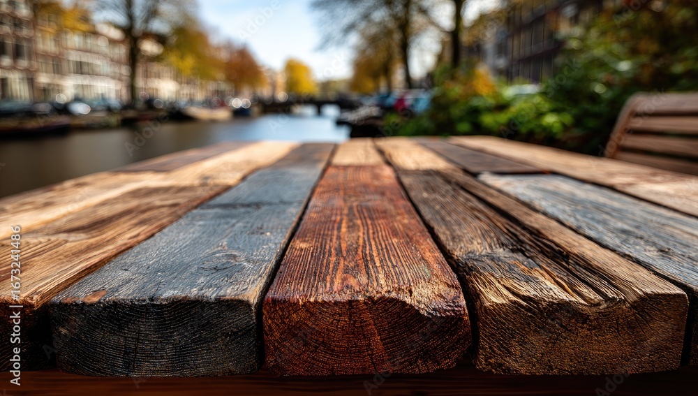 Fototapeta premium Close-up of a rustic wooden table outdoors, with a canal and city in the background