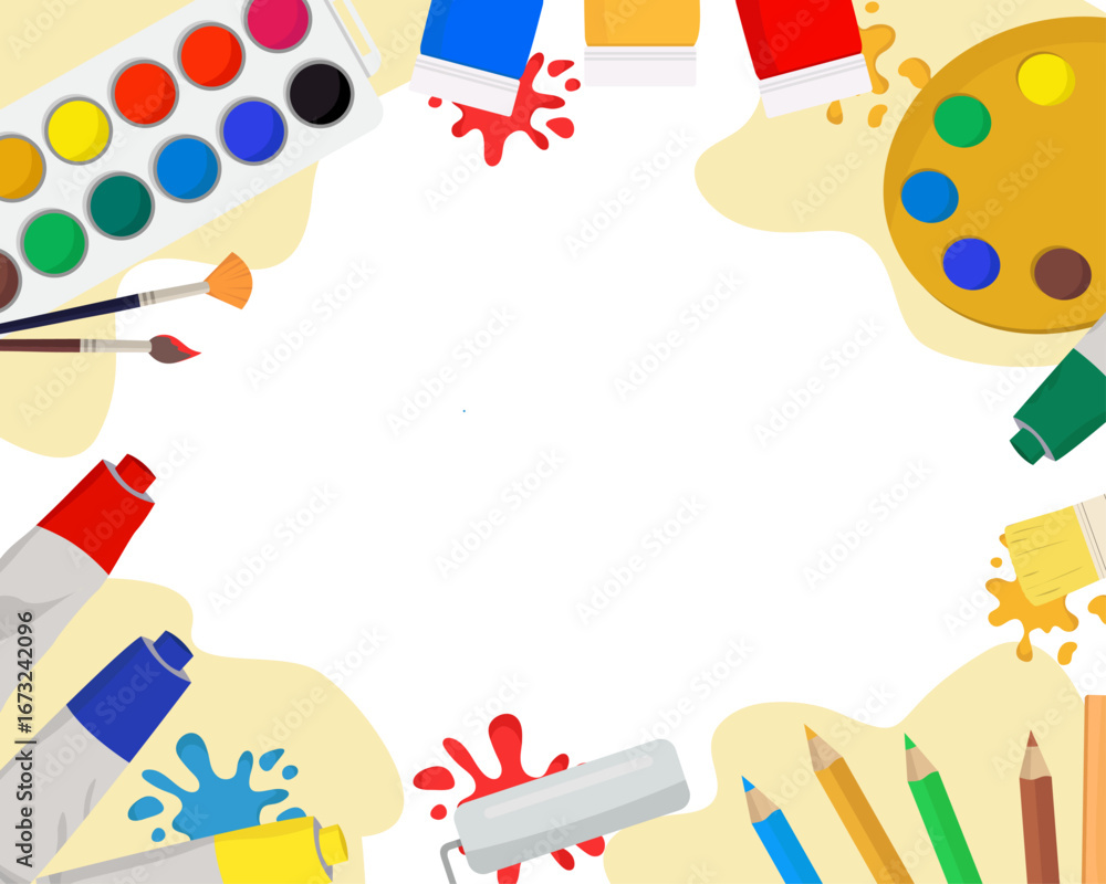 Fototapeta premium Art background Colorful palette watercolor gouache brush pencils Artist day