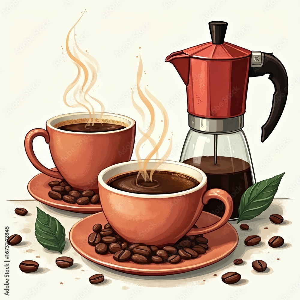 Obraz premium Two steaming cups of coffee sit with a red moka pot and scattered beans. Rustic tones and a vintage style illustration evoke a warm morning cafe atmosphere, perfect for breakfast or a caffeine boost.
