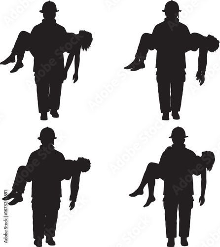 Four silhouette images of a firefighter carrying an unconscious person in different poses