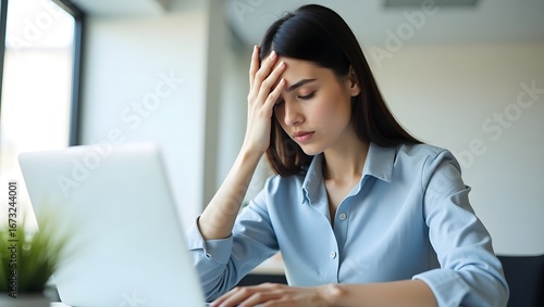 Stressed asian woman working on laptop in office with a headache