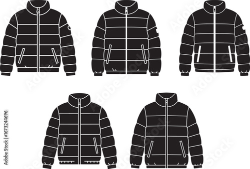 Collection of five black puffer jacket silhouettes with white grid pattern and zippers