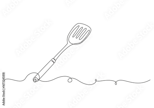 Line Art Cooking Utensils Spatula and Ladle, Single-line art of a slotted kitchen spatula, Continuous one line drawing of kitchen spatula design. kitchen equipment in one continuous line draw