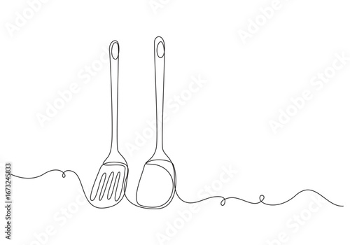 Line Art Cooking Utensils Spatula and Ladle, Single-line art of a slotted kitchen spatula, Continuous one line drawing of kitchen spatula design. kitchen equipment in one continuous line draw