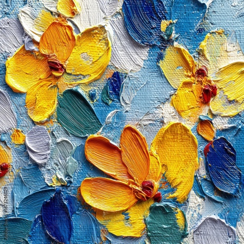 Abstract Floral Painting With Yellow And Orange Flowers On Blue Background