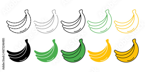 Set of banana icons in various styles, including outline, dashed line, dotted line, silhouette, and flat color versions in black, green, and yellow. Banana icon isolated on white background. 