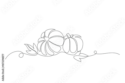 Autumn pumpkin in one continuous line drawing. Halloween and Thanksgiving greeting card in simple linear style. Fall harvest in editable stroke. Doodle vector illustration