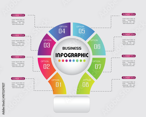 Business infographic template designed as a light bulb to represent ideas and innovation. Features a colorful circular chart with 8 steps or options. Ideal for presentations, process diagrams, and str