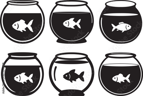 Six oval fish bowls each containing a single goldfish silhouette
