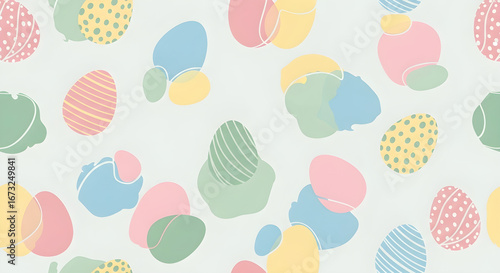 A delightful Easter-themed background featuring a repeating pattern of pastel-colored Easter eggs and abstract shapes on a light background.