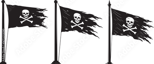 Three tattered pirate flags with skull and crossbones displayed on poles silhouette