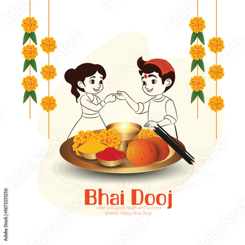 Illustration featuring a brother and sister celebrating Bhai Dooj with festive traditions, showcasing family bonding and cultural warmth.