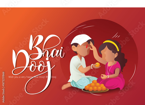 Illustration featuring a brother and sister celebrating Bhai Dooj with festive traditions, showcasing family bonding and cultural warmth.