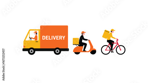 Delivery service with van scooter and bicycle courier transportation illustration