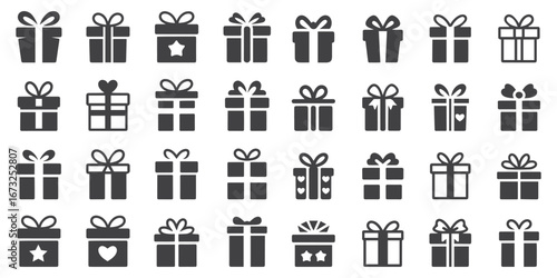 Collection of gift box icons with ribbon and bow designs.