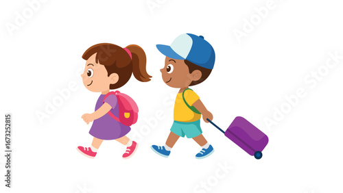 Children traveling with backpacks and suitcase isolated on white background